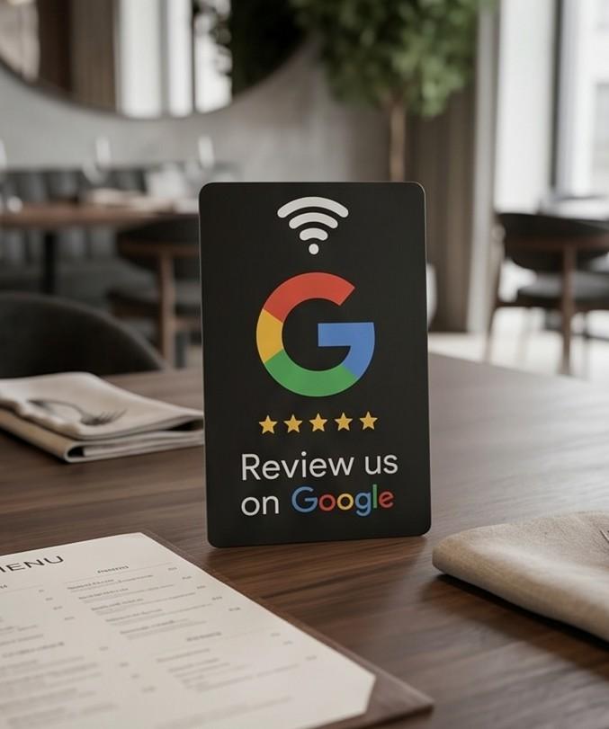 Tarjeta NFC sobre una mesa de restaurante, junto a la carta.