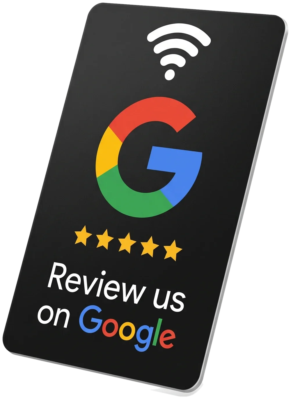 Tarjeta NFC negra con el ícono de lectura NFC, el logotipo de Google, cinco estrellas y el texto «Review us on Google».